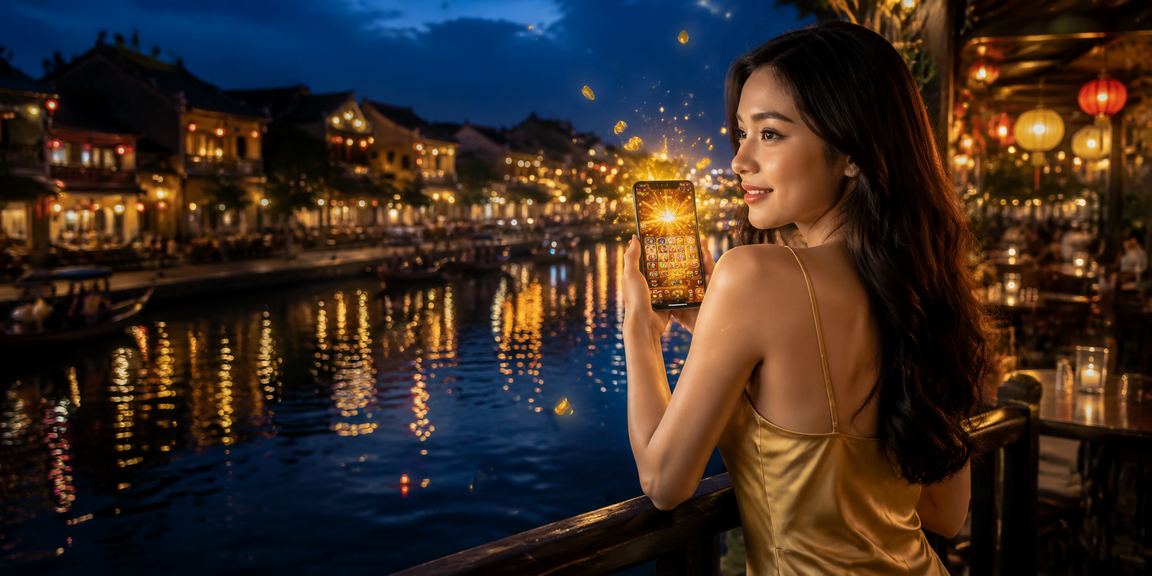 Hình ảnh chơi slot game tại Hội An theo phong cách neon của 30d
